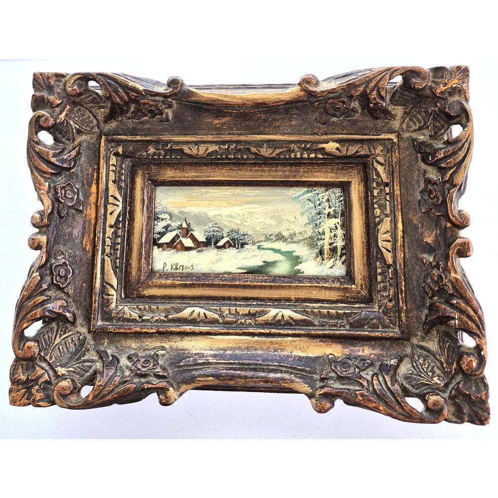 Vintage Oil Painting Detailed Winter Landscape Small Artwork in Gilded Frame